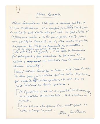 COCTEAU, JEAN. Group of 10 Autograph Manuscripts, including 5 Signed, brief or fragmentary working drafts of reviews for books or films